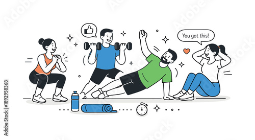 Fitness Team Spirit. Fitness class teamwork. People exercising side by side, encouraging each other with smiles. Positive group dynamics and shared fitness