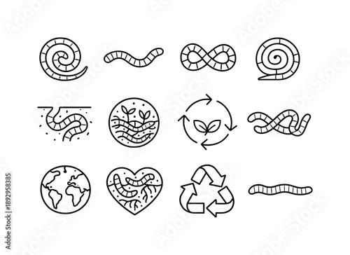Symbolic Worm Icons. Worms. Line icon set of symbolic worm motifs: spiral worm icon, segmented line symbol, curled shape loop, soil swirl, burrow line,