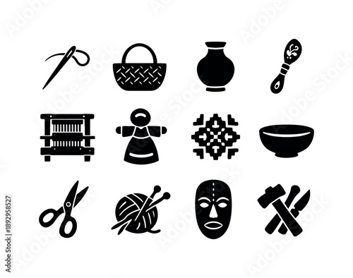Traditional Crafts Icons. Traditional crafts. Solid icon set of Traditional crafts: embroidery needle, woven basket, pottery vase, carved spoon, textile loom,