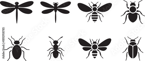Insect Silhouette Collection: A captivating arrangement of insect silhouettes, showcasing a dragonfly, bee, beetle and ant, ideal for designs, scientific projects or educational resources.
