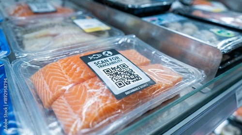 Packaged salmon fillets with QR code in supermarket display case  