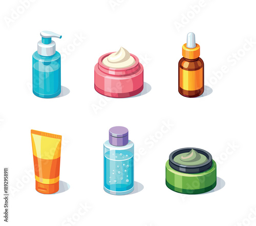 Beauty Routine Icons. Beauty routine. Isometric flat vector icons set of beauty routine: cleansing gel bottle, nourishing cream jar, anti-aging serum, SPF