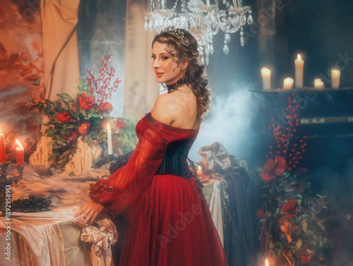 art portrait real person beauty face mystery woman queen in dark night black room masquerade ball royal themed party. Blonde hair girl. sexy eyes woman lady queen victorian old style royal red dress.