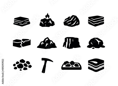 Geological Icons Set. Rock and geology. Solid icon set of Rock and geology: sedimentary rock, igneous rock, metamorphic rock, rock strata, fault line, mountain