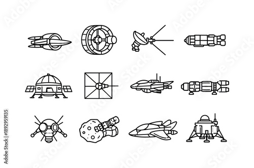 Futuristic Spaceship Icons. Future Spacecraft. Line icon set of Future Spacecraft: warp drive concept, rotating habitat ship, interstellar probe,