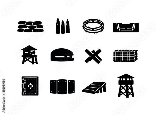Fortification Icons Set. Sapper. Solid icon set of fortification elements: sandbag wall, wooden stakes, barbed wire coil, trench section, observation post,