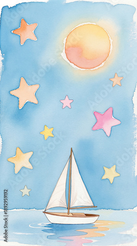 Watercolor Illustration of Sailboat Under Blue Sky with Sun and Colorful Stars