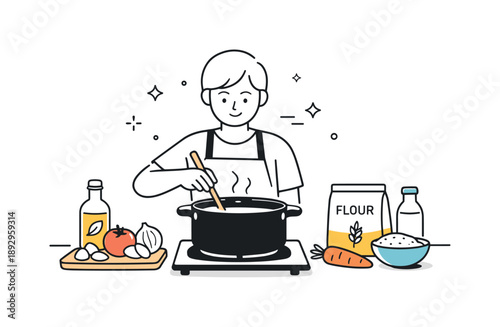Homemade Cooking Moment. Cooking from scratch. A person stirring a pot on the stove using raw ingredients placed nearby. A warm, intentional moment emphasizing