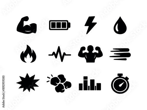 Boxing Fitness Icons. Boxing fitness symbols. Solid icon set of boxing fitness symbols: muscle arm, stamina icon, energy bolt, sweat drop, calorie burn,