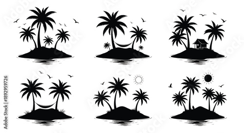 Tropical Island Silhouettes with Palm Trees and Hammocks