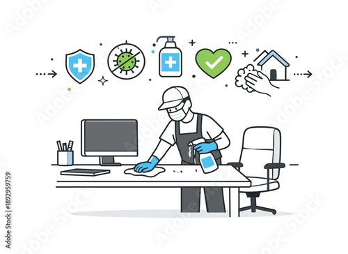 Office Sanitation Scene. Sanitized workspace. A professional cleaning or sanitizing surfaces in an office with subtle abstract safety and health icons above.