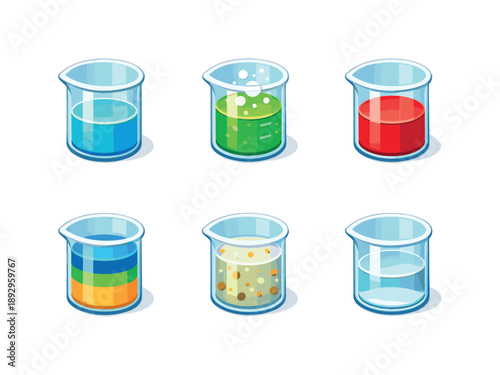 Colorful Liquid Beakers. Liquid Samples. Isometric flat vector icons set of Liquid Samples: beaker with sample liquid, beaker with test solution, beaker with