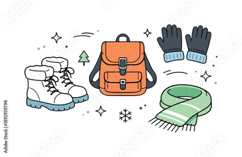 Winter Travel Essentials. Travel accessories for winter vacation. Boots, gloves, scarf, and backpack arranged in a tidy flat lay, symbolizing warmth and