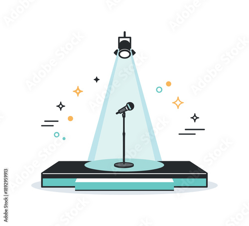 Minimalist Stage Focus. Spotlight shining on stage. A minimal stage setup with microphone and spotlight aligned at the center, no audience visible. The mood