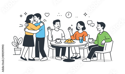 Cafe Friends Gathering. Friends at cafe meeting. Friends greeting each other and sitting down with drinks and small snacks. Friendly interaction and calm urban