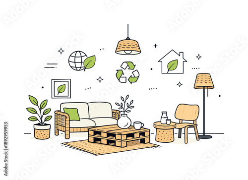 Eco-Friendly Interior Design. Inspirational design with ecology materials trend. A calm interior scene featuring furniture made from natural and recycled