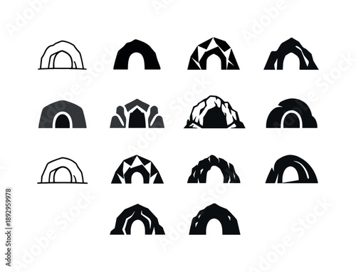 Diverse Cave Logos. Caves and caverns. Icon set. Set Logo of Caves and caverns: cave entrance arch. harmonious logo variations of the same emblematic concept,