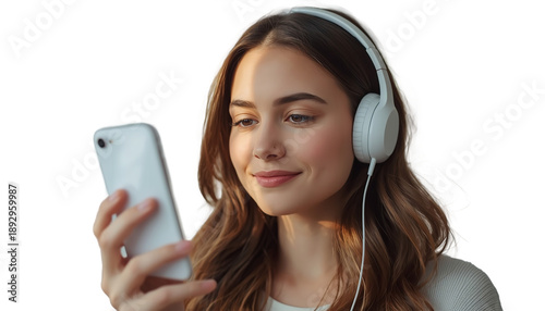 A young woman wearing white headphones and listening to music on her phone on transparent background