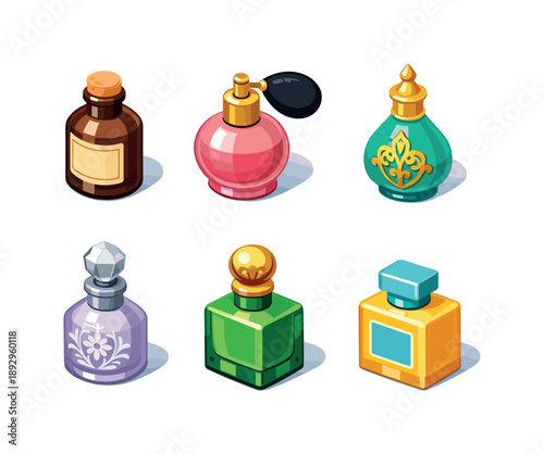 Vintage Perfume Icons. Vintage Perfume. Isometric flat vector icons set of Vintage Perfume: apothecary bottle, bulb atomizer bottle, ornate glass bottle,