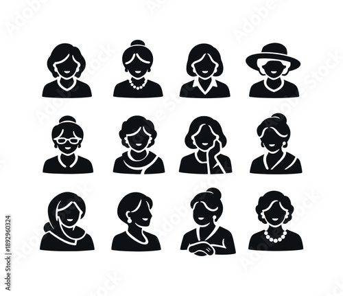 Senior Lady Icons. Senior lady. Solid icon set of senior lady: mature woman, elderly portrait, graceful aging, calm smile, classic look, soft features, wisdom