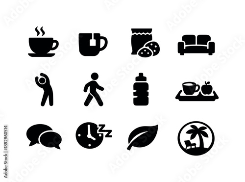 Break Time Icons. Break time scenes. Solid icon set of break time scenes: coffee cup, tea mug, snack icon, couch seat, stretching figure, walk outside icon,