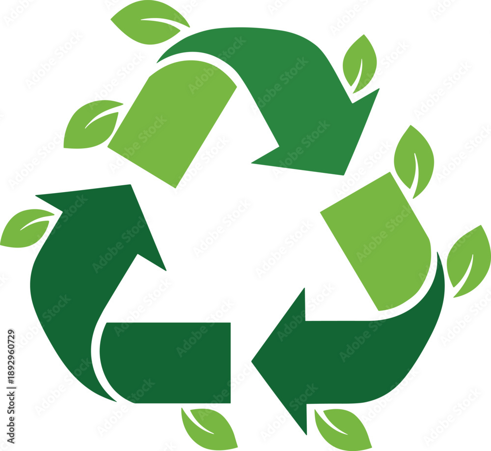 Fototapeta premium Stylized Green Recycling Symbol with Leaf Accents Representing Eco-Friendly Practices, Sustainability, and Environmental Conservation Themes