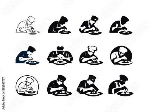 Chef's Garnish Icons. A chef adding garnishes to a dish for presentation. Icon set. Set Logo of A chef adding garnishes to a dish for presentation: chef