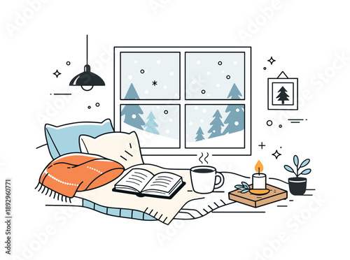 Cozy Winter Retreat. Winter cozy home scenes. Editorial-style illustration of a warm living room with blankets, cushions and a book near a window, snow visible