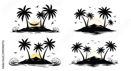Tropical Island Silhouettes with Palm Trees and Sunsets