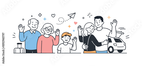 Family Farewell Wave. Visiting relatives farewell. Family members waving goodbye after the visit, gentle smiles and sense of lasting connection with abstract