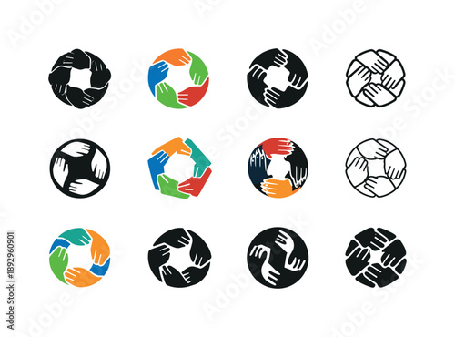 Collaborative Icons Grid. Workplace collaboration. Icon set. Set Logo of Workplace collaboration: team hands forming circle. harmonious logo variations of the