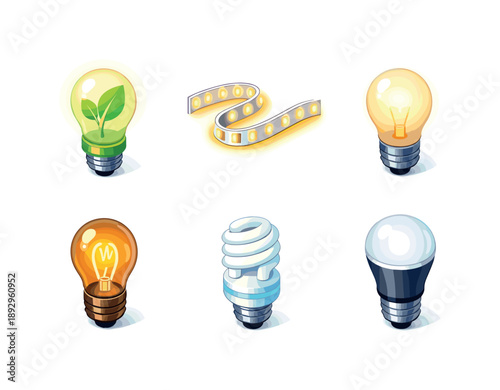 Isometric Light Grid. Energy light. Isometric flat vector icons set of energy light: glowing eco bulb, LED strip light glowing, bulb with soft glow, filament