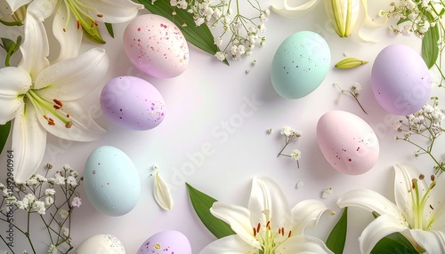 Easter Eggs and White Lilies Arrangement with Delicate Flowers on White Background