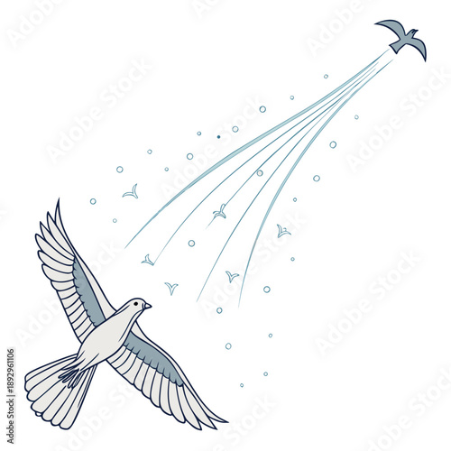 Dove flying with flock in dynamic motion creating freedom