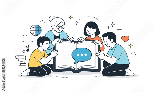 Cultural Preservation Symbolized. Preserving mother languages. A group of people protecting a large speech bubble or book together. The scene symbolizes care,