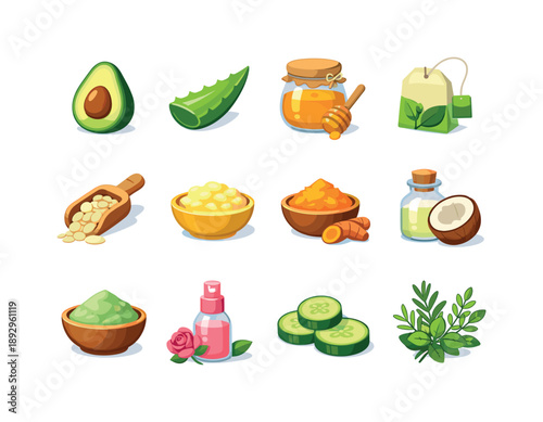Natural Skincare Icons. Natural skincare ingredients. Colorful flat vector icons set of natural skincare ingredients: avocado half, aloe vera leaf, honey jar,