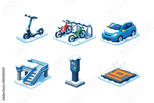 Winter Urban Mobility. Urban winter mobility. Isometric flat vector icons set of urban winter mobility: electric scooter with snow, winter bicycle rack, car