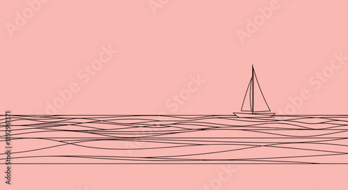 Minimalist sailboat on wavy pink ocean illustration.