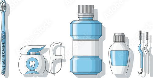 Various dental hygiene products including a toothbrush, floss dispenser, mouthwash, and dental picks are displayed against a white background for oral care concepts.