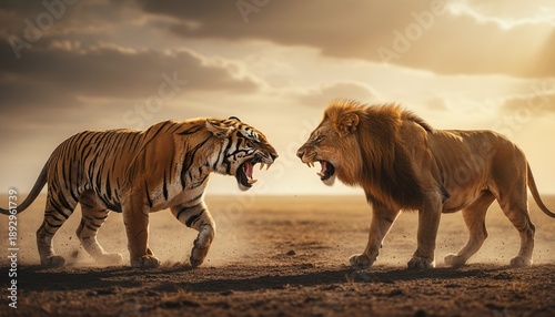 wildlife cinematic scene of a fierce tiger facing off against a powerful lion in an open savanna landscape