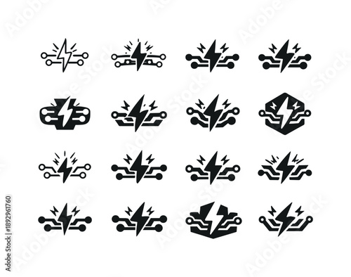 Power Surge Icons. Power surge metaphor. Icon set. Set Logo of power surge metaphor: circuit overload spark. harmonious logo variations of the same emblematic
