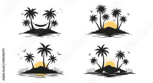 Tropical Island Silhouettes with Sun and Waves
