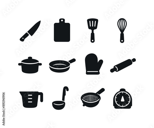 Black Kitchen Icons. Kitchen tools. Solid icon set of kitchen tools: knife, cutting board, spatula, whisk, saucepan, frying pan, oven mitt, rolling pin,