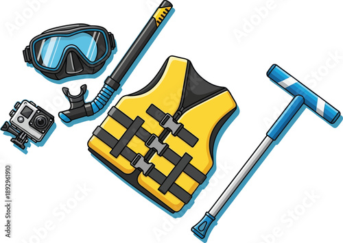 Assortment of water sports safety equipment, including a snorkel, mask, life vest, and action camera, is arranged for use.