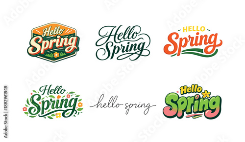 Spring Lettering Variations. Hello Spring Newsletter Header. Set lettering. harmonious lettering variations of the same emblematic concept, each with different