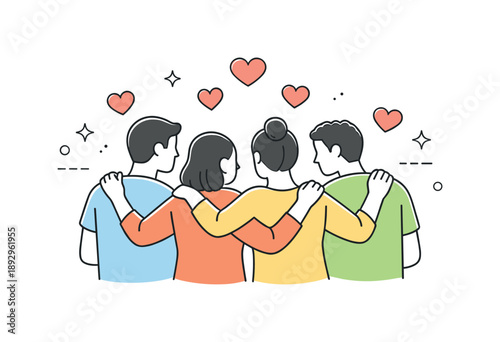 Unity and Support. Togetherness and solidarity. People forming a supportive group, gentle gestures like pats on shoulders or linked arms, calm composition and
