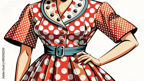 Very beautiful close-up of a classic 1950s American women’s polka dot dress with tailored fabric and retro style, isolated on white background, highlighting iconic mid-century fashion details.