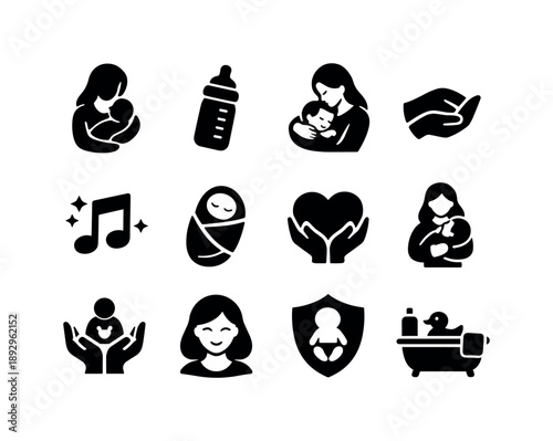 Maternal Care Icons. Maternal Care. Solid icon set of Maternal Care: mother holding baby, feeding bottle, bedtime cuddle, soothing hand, lullaby note, baby
