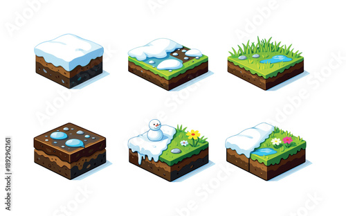Snow to Grass Transition. Snow to grass. Isometric flat vector icons set of snow to grass: snowy ground section, half-melted patch, emerging grass field, wet