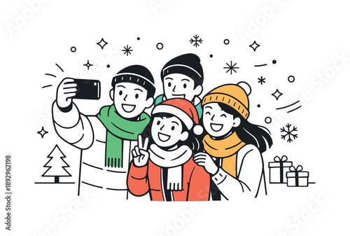 Friendly Winter Selfie. Group Christmas selfie outdoors. Friends taking a selfie outside in winter clothes, light snowflakes and scarves adding seasonal